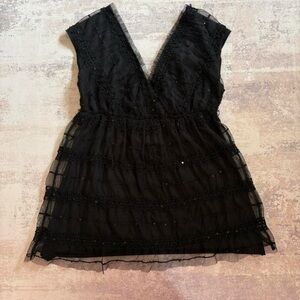 Max Studio Black Sequin Mesh Babydoll Blouse Deep V Size S